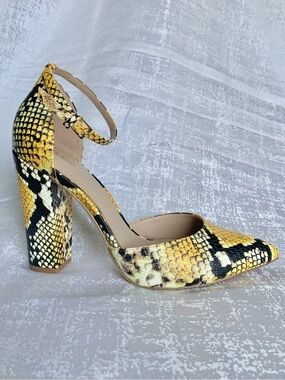 ALDO Yellow & Black Snakeskin Ankle-Strap Block Heel